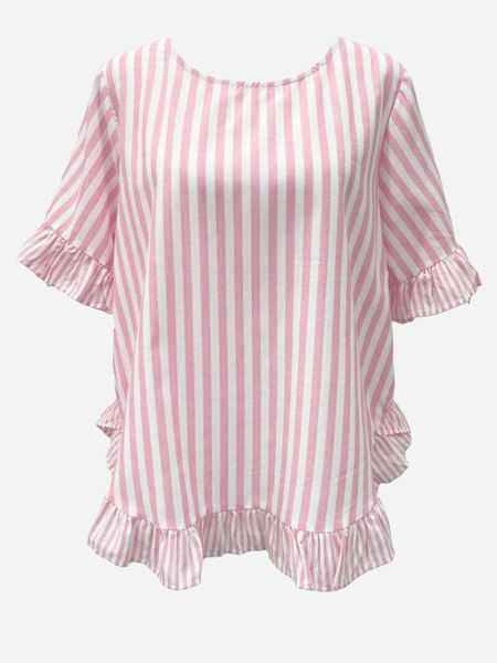Picture of Stripe Ruffle Button Back Top - Pink | Worthier The Label