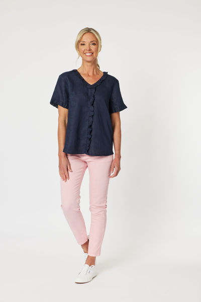 Tiffany Ruffle Linen Shirt - Navy | Gordon Smith