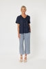 Tiffany Ruffle Linen Shirt - Navy | Gordon Smith