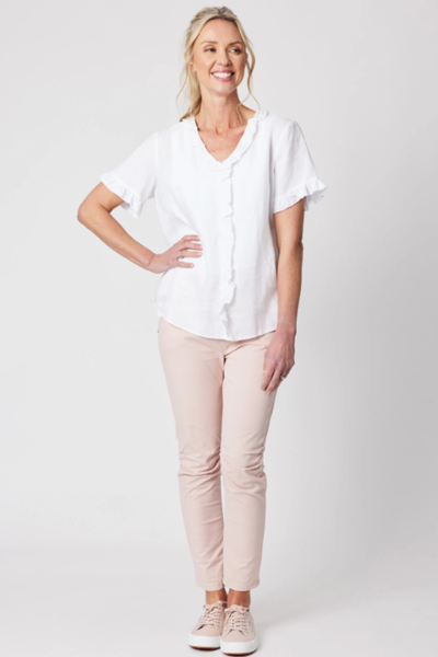 Tiffany Ruffle Linen Shirt - White | Gordon Smith