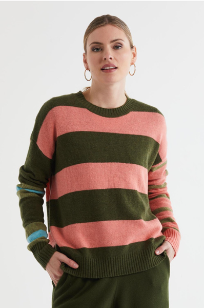 Lambswool Stripe Crew- Olive | LD+C Knitwear