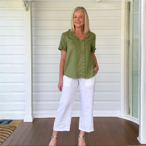 Tiffany Ruffle Linen Top - Basil | Gordon Smith