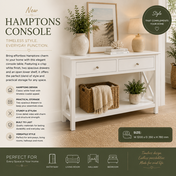 Hamptons Console | White Acacia Wood Finish