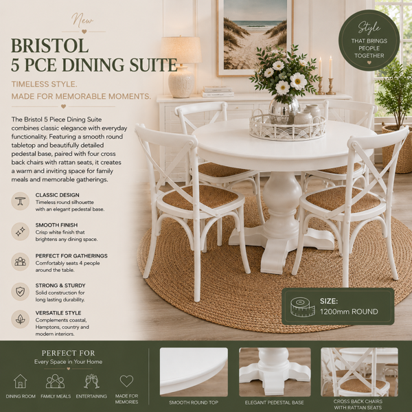 Bristol 5 Piece Dining Suite featuring Cross Back Chairs| White/Charcoal