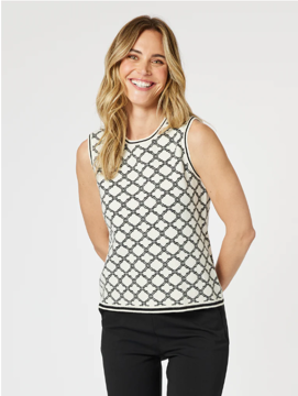 Clover Print Sleeveless Knit Top - Ivory/Black | Gordon Smith