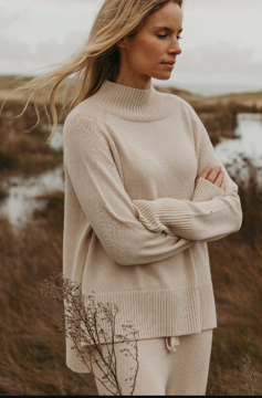 Harmony Merino Cotton Mock Neck Pullover Nougat | Talamaya