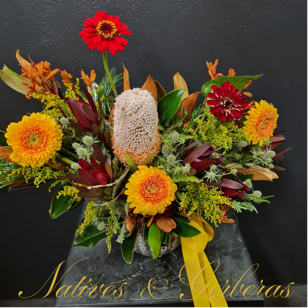 Medium Natives Arrangmenet in Ceramic Pot with Gerberas