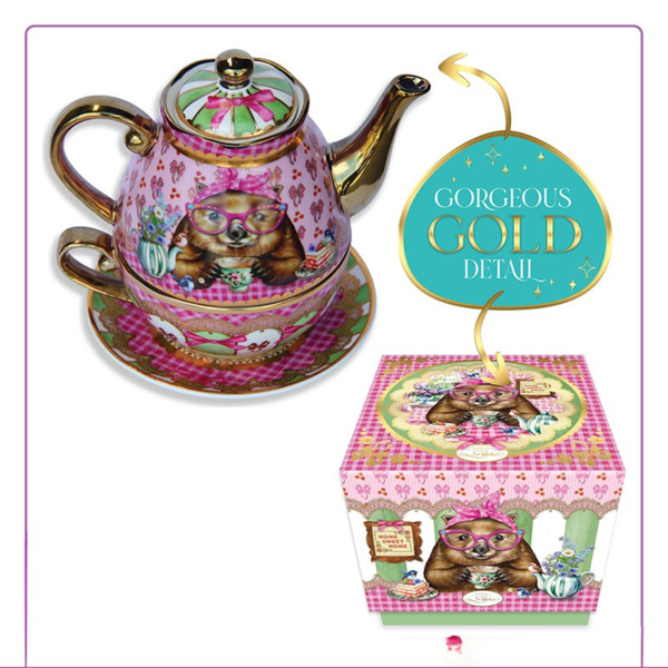Lisa Pollock Wonda Wombat Tea for One Set | Ceramic Teapot Cup Gift Set